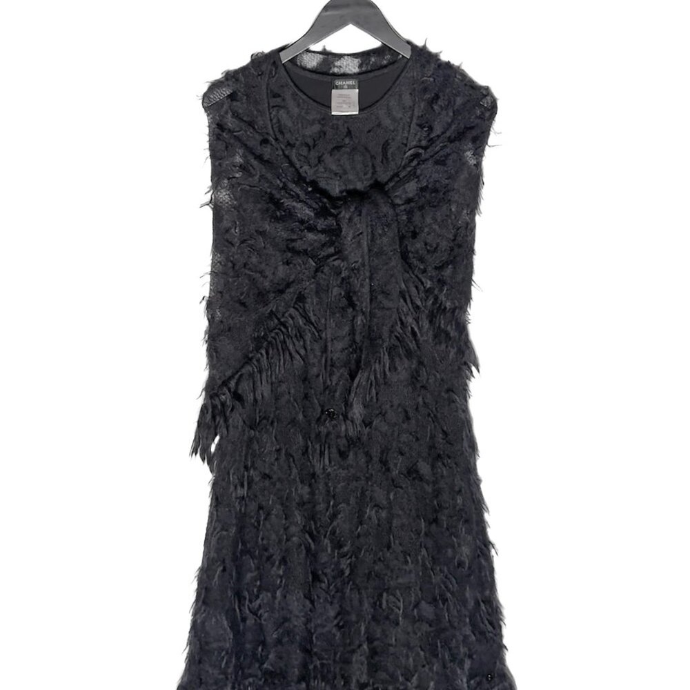 Chanel FW09 Black Mohair Blend Shift Dress w/ Fringed Shawl